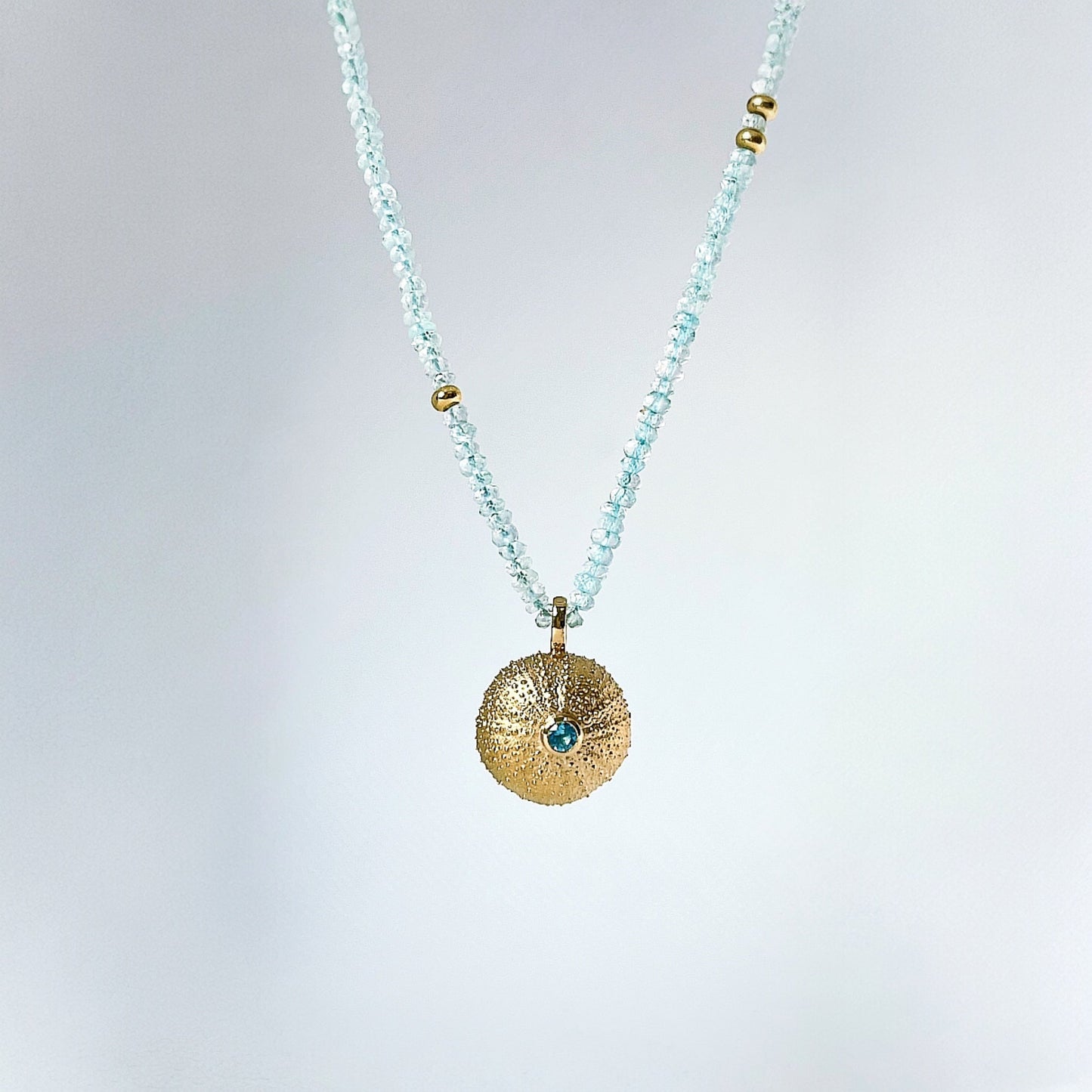 Golden Sea Urchin on Aquamarine beads necklace - BKBLondon