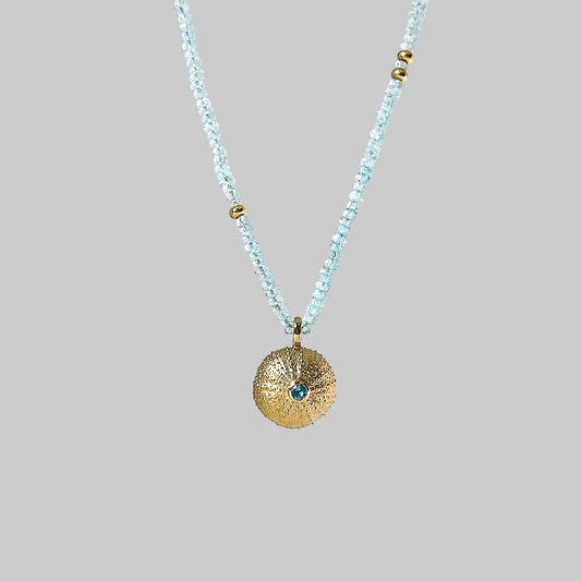 Golden Sea Urchin on Aquamarine beads necklace - BKBLondon