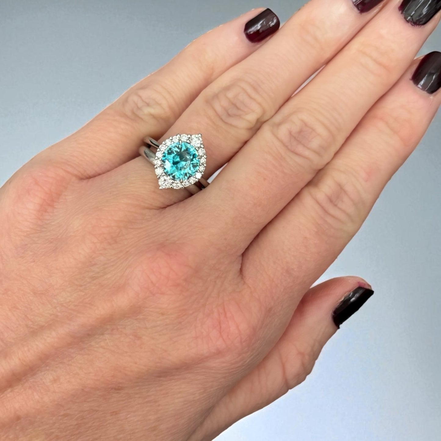 Blue Zircon and Diamonds Ring in Platinum, size M