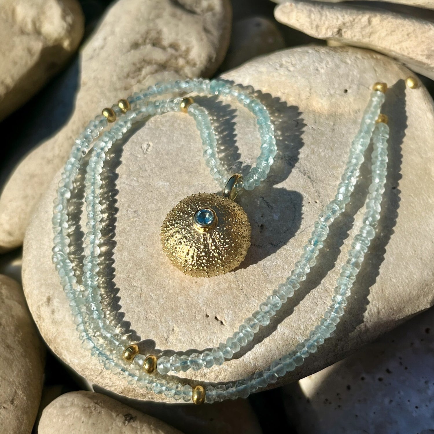 Golden Sea Urchin on Aquamarine beads necklace - BKBLondon