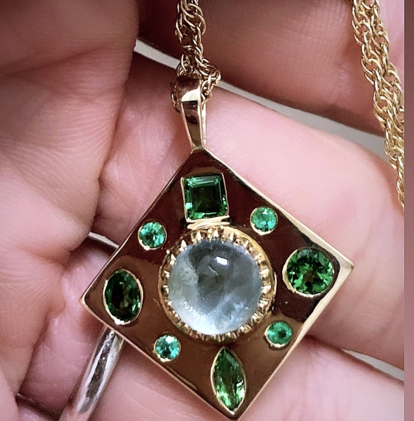 Wind Rose, Aquamarine, Tsavorites and Emerald Necklace - BKBLondon