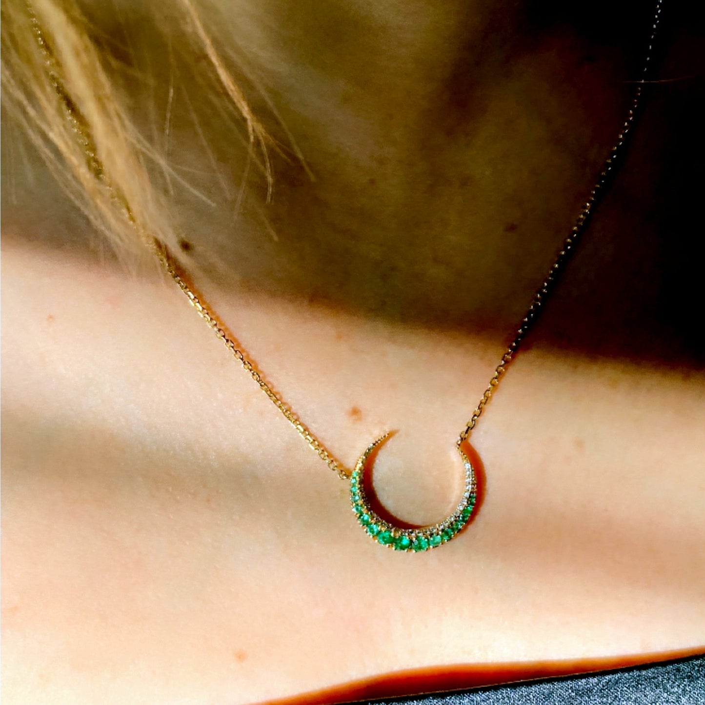 Luna, Emeralds And Diamonds 18kt Gold Crescent Necklace - BKBLondon