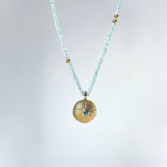 Golden Sea Urchin on Aquamarine beads necklace