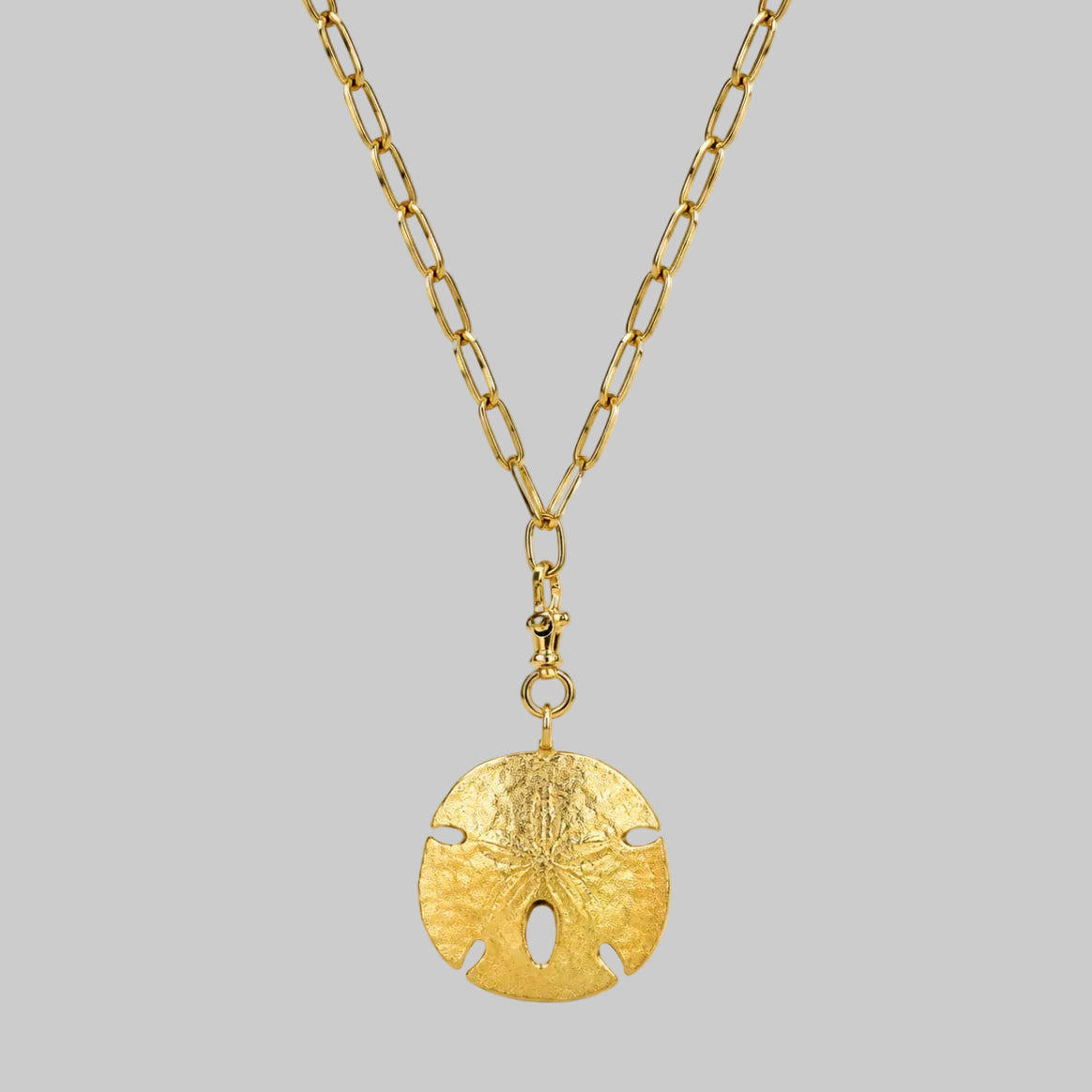 Gold vermeil sandollar necklace on plain background