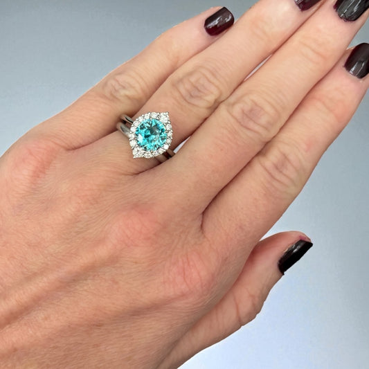 Blue Zircon and Diamonds Ring in Platinum, size M