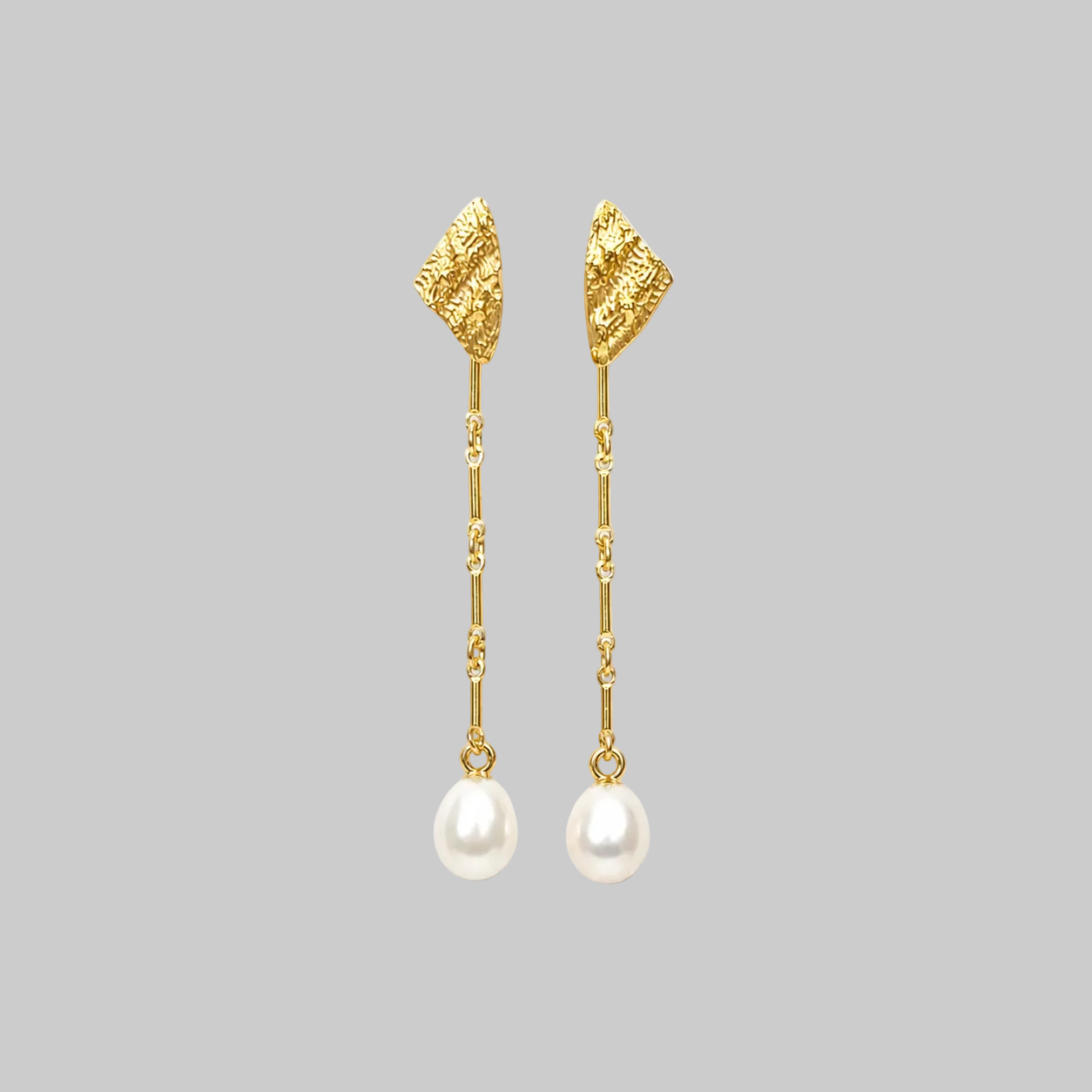 Textured sea shell fragments long earrings with white freshwater pearls in 18ct gold vermeil 