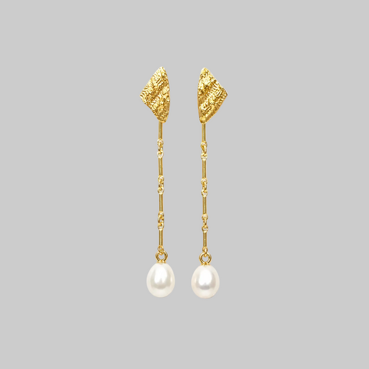 Textured sea shell fragments long earrings with white freshwater pearls in 18ct gold vermeil 