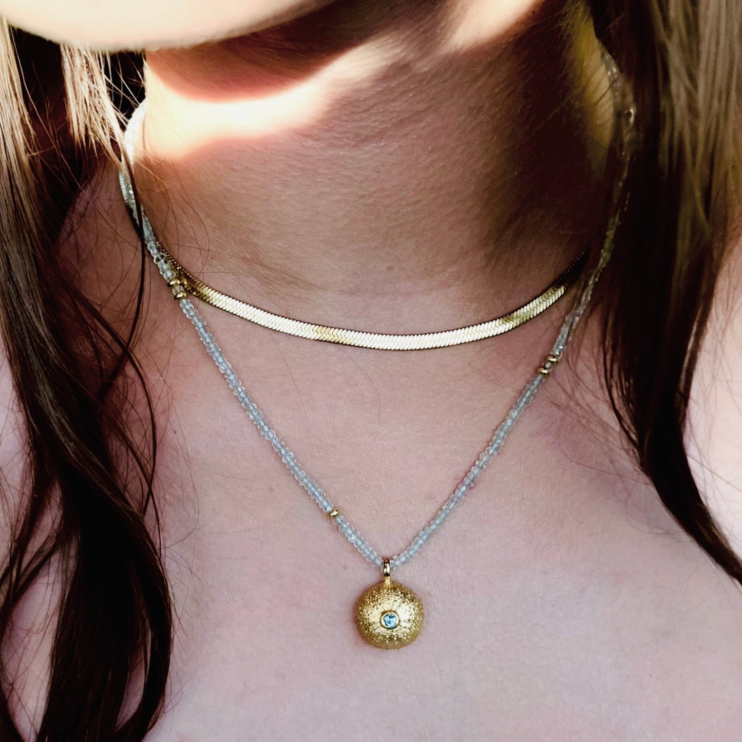 Golden Sea Urchin on Aquamarine beads necklace - BKBLondon