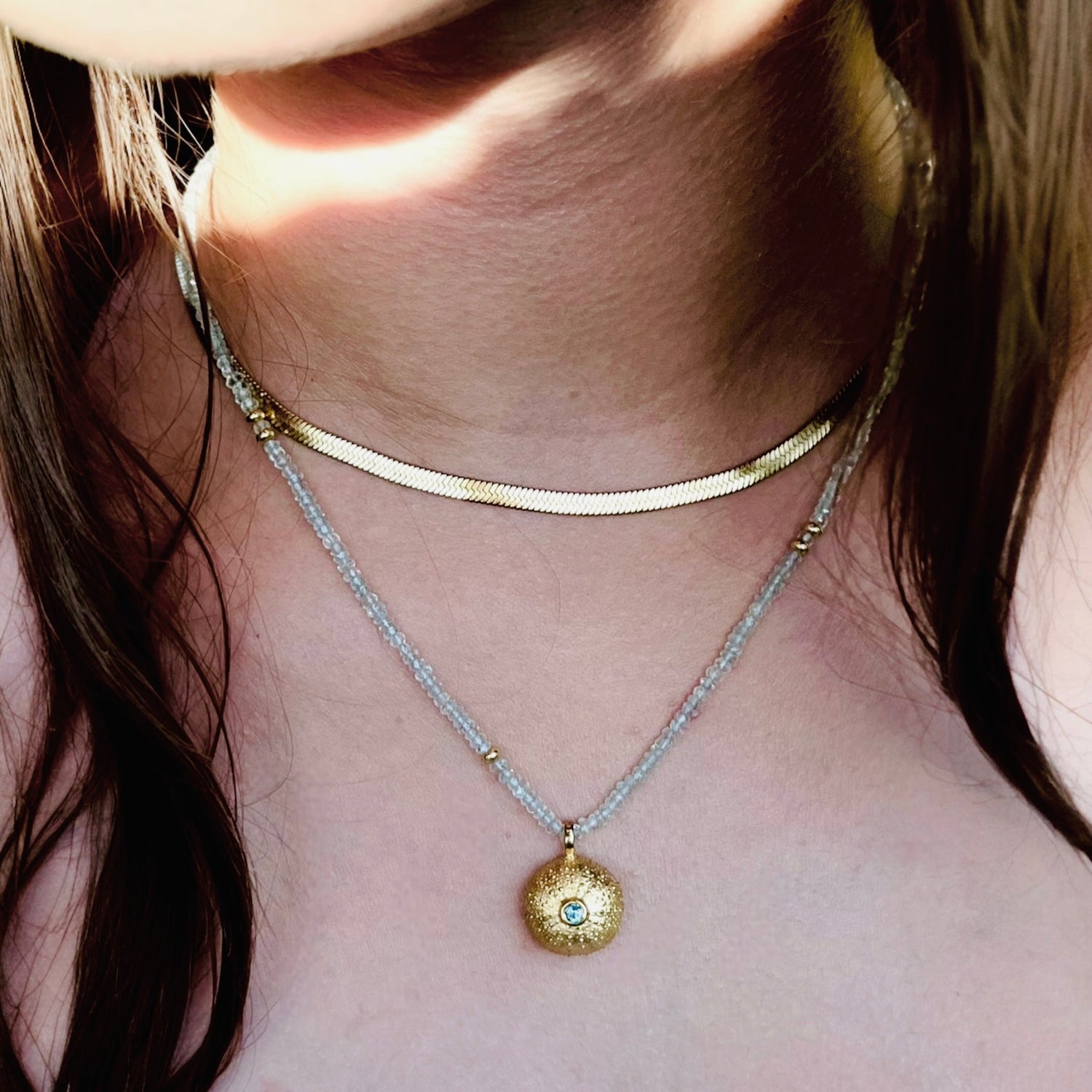Golden Sea Urchin on Aquamarine beads necklace - BKBLondon