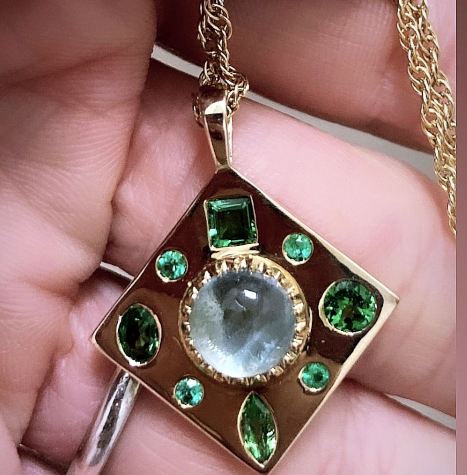 Wind Rose, Aquamarine, Tsavorites and Emerald Necklace - BKBLondon